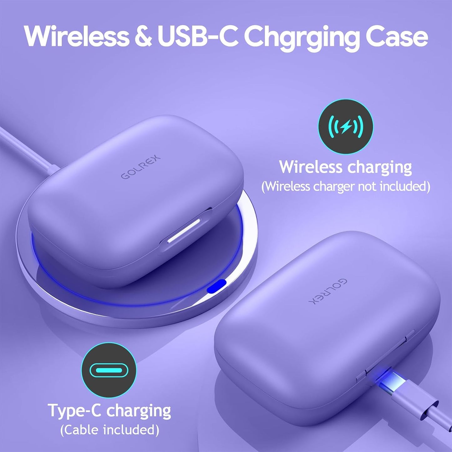 GOLREX Active Noise Cancelling Ear Buds Wireless Earbuds Bluetooth Headphones with 80H Playtime LED Display Wireless Charging Case, Over-Ear Hooks Earbud for Sports Running Gym Workout Purple