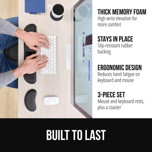 GORILLA GRIP Silky Gel Memory Foam Keyboard Wrist Rest for Computer and Mouse Pad, Ergonomic Design Typing Support, Desk Office Supplies, Hand & Arm Mousepad Cushion and Coaster, 3 Piece Set, Black