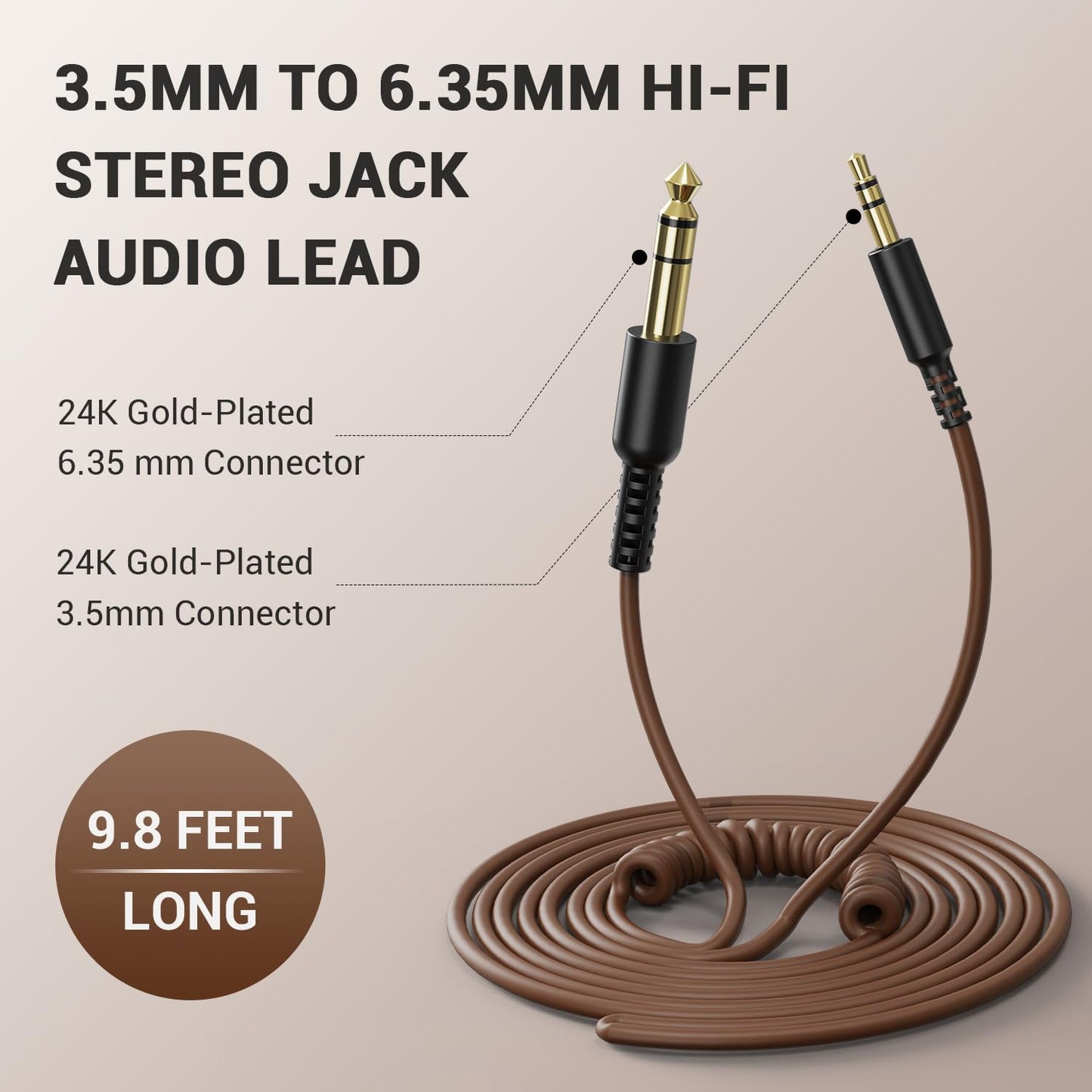 OneOdio 6.35mm to 3.5mm 6.6-9.8FT Stereo Adapter Cable Compatible with AMPs, Electronic Keyboards, Mixers, Guitars and Pro10/Pro30/Pro50 Headphones of OneOdio-Brown