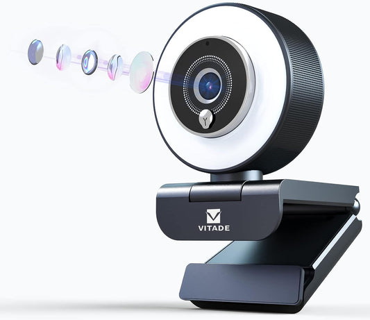 Streaming Webcam with Adjustable Ring Light, Full HD 1080P Webcam with Dual Microphones and Advanced Auto-Focus,Pro Web Camera for Online Learning, Zoom Meeting Skype Teams, Gaming Laptop