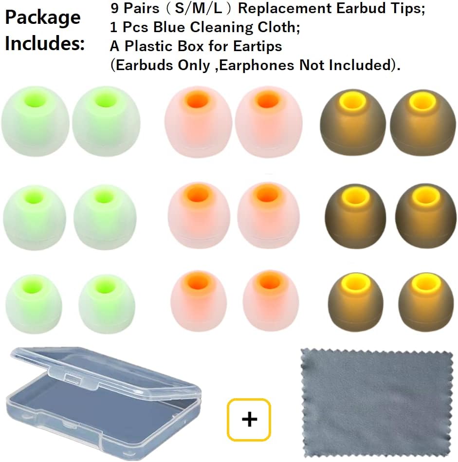 Silicone Earbud Tips Replacement (S/M/L) - Fit for Inner Hole 3.8mm-5.1mm - 9 Pairs - Headphone Ear Tips - Yellow, Orange, Green