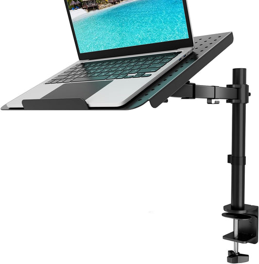 WALI Laptop Tray Desk Mount for 17inch Notebook, Fully Adjustable Laptop Arm up to 22lbs, Monitor Mount with Vented Cooling Platform Stand (M00LP), Black
