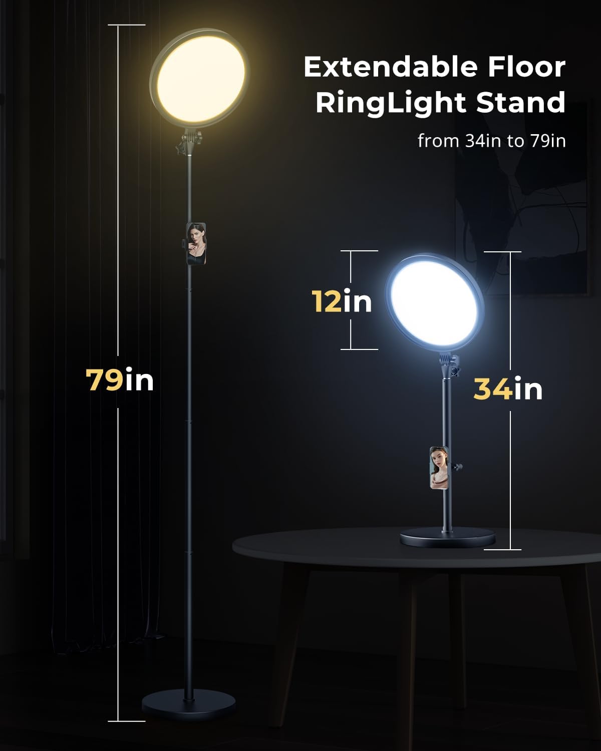 Aureday 12” Selfie Ring Light with Stand, Overall 79” Tall Ringlight Stands with Remotes and Phone Holder, Professional Floor Stand Light Ring for Video Recording/Live Stream/TikTok/Photography/Barber