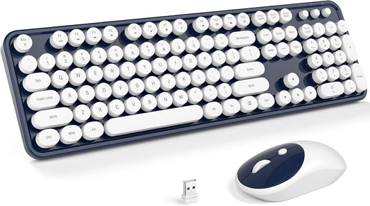 KNOWSQT Wireless Keyboard and Mouse Combo - White-DarkBlue Full-Sized 2.4 GHz 104 Keys Typewriter Keyboard, Flexible Round Keycap and Optical Mouse for Windows, Computer, PC, Laptop, Desktop