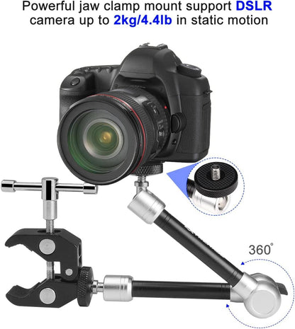 11" Adjustable Magic Arm DSLR Mirrorless Action Camera Camcorder Smartphone LCD Monitor Video Vlog Rig w/Clamp Holder Mounts fit for GoPro iPhone