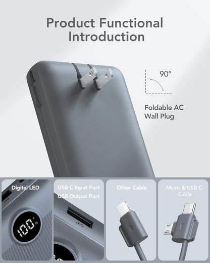 Portable Charger Power Bank 20000mAh,VRURC 22.5W Fast Charging Power Bank With Cables, 20K USB C Portable Charger With Wall Plug, Phone Battery With Cords For iPhone, Samsung, Android Phones, etc-Grey