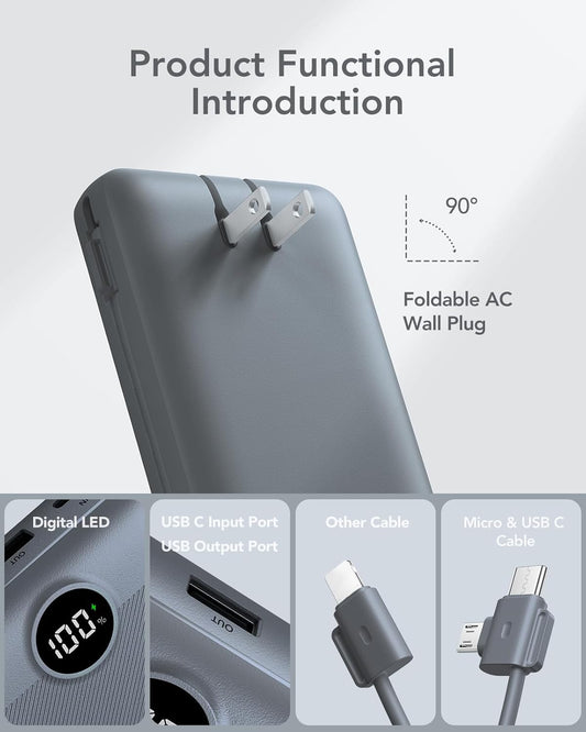 Portable Charger Power Bank 20000mAh,VRURC 22.5W Fast Charging Power Bank With Cables, 20K USB C Portable Charger With Wall Plug, Phone Battery With Cords For iPhone, Samsung, Android Phones, etc-Grey