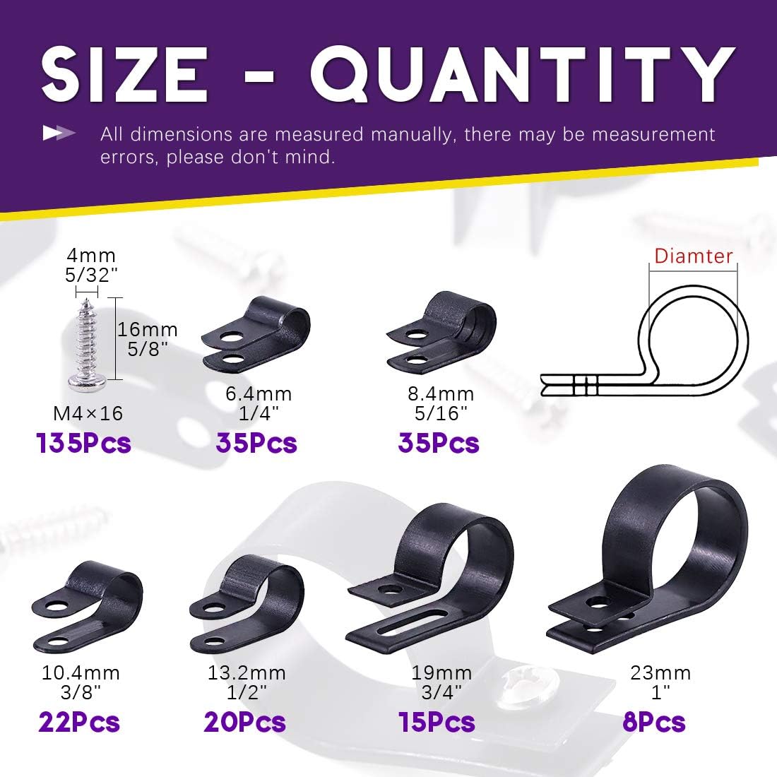 Swpeet 135 Pack 6 Sizes Black Nylon Plastic R-Type Cable Clips Clamp Assortment Kit, 1/4" 5/16" 3/8" 1/2" 3/4" 1" Nylon Screw Mounting Cord Fastener Clips with 135 Pack Screws for Wire Management