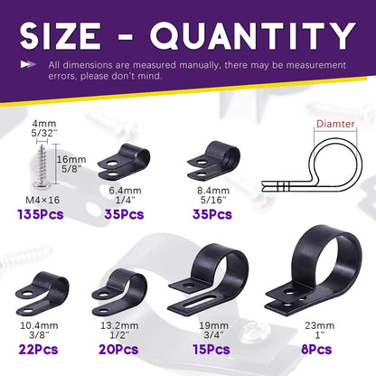 Swpeet 135 Pack 6 Sizes Black Nylon Plastic R-Type Cable Clips Clamp Assortment Kit, 1/4" 5/16" 3/8" 1/2" 3/4" 1" Nylon Screw Mounting Cord Fastener Clips with 135 Pack Screws for Wire Management