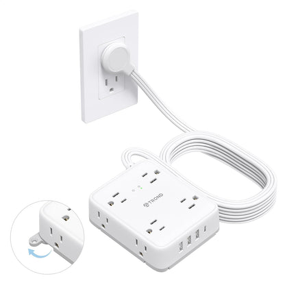 TROND Surge Protector Power Strip with USB, Ultra Thin Flat Plug 10ft Extension Cord 1625W, 3 USB-A & 1 USB-C, 8AC Outlets 1440J Surge Protection Wall Mount for Home Office Dorm Room Essentials, White