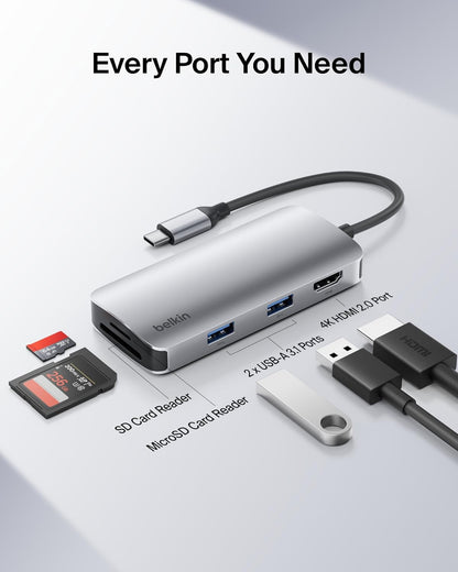 Belkin USB-C Hub, 5-in-1 Multiport Adapter - USB-C Docking Station with 4K HDMI, 2 x USB-A Ports, SD Card Slot, & MicroSD Card Slot for MacBook Pro, Air, iPad Pro, XPS, and More