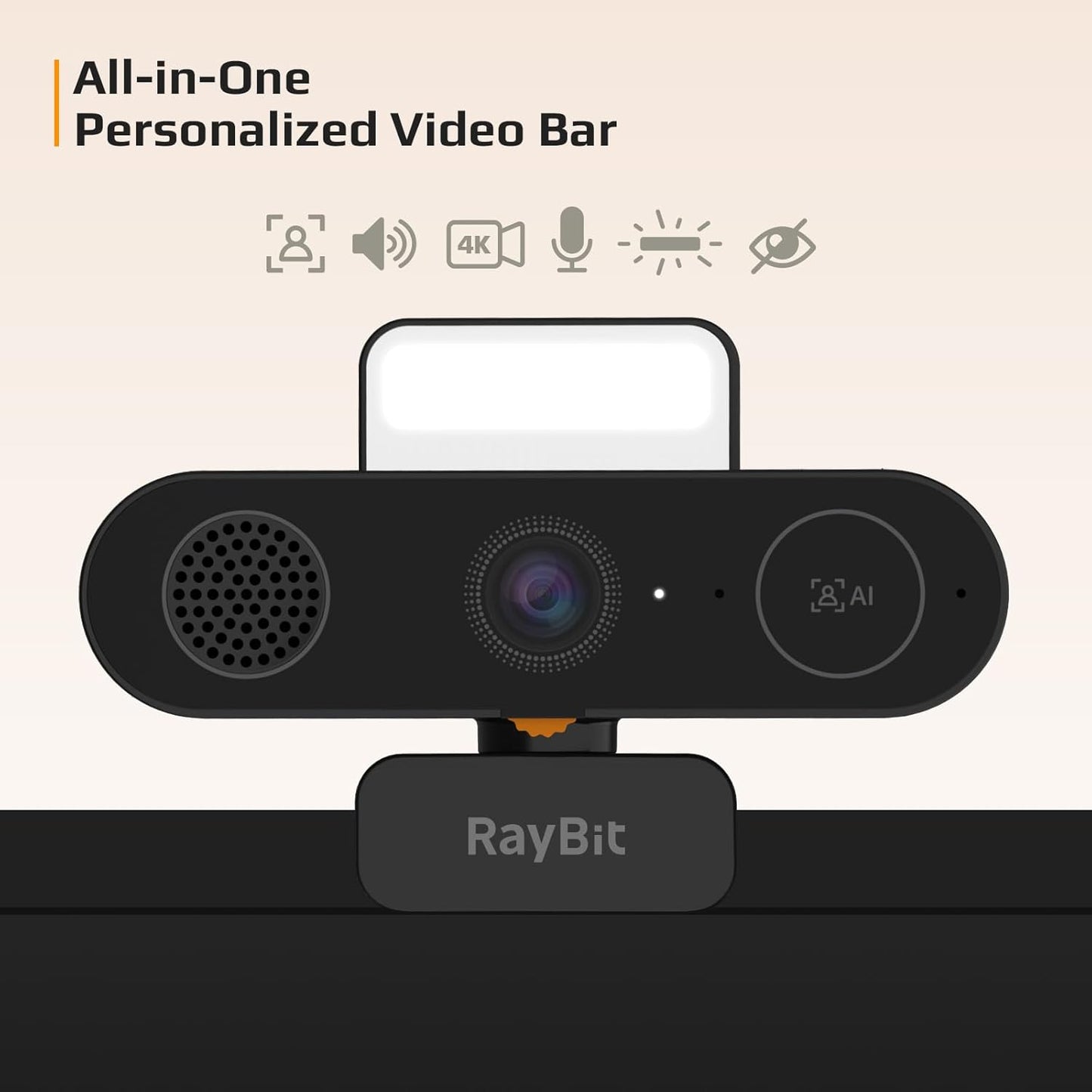 5-in-1 Design 4K Webcam with Speaker and Microphone, Built-in Light, Privacy Cover, AI Auto-Framing Cam, Computer USB C Web Camera for PC, Desktop, Laptop, Mac, Streaming, Video Conference