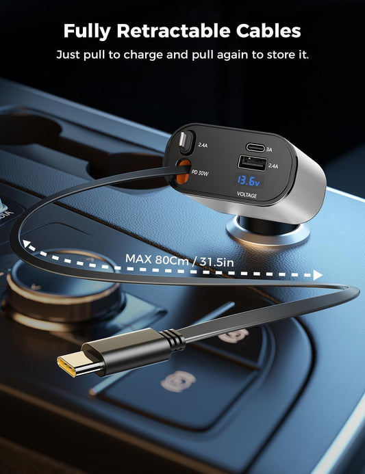 【Upgraded】 SUPERONE Retractable Car Charger 4 in 1, Fast Car Phone Charger with Cord 2.6ft, USB C and Apple Car Charger Adapter, Compatible with iPhone 15/15 Pro Max/14/13/12/11, Galaxy, Pixel