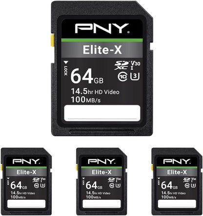 PNY 64GB Elite-X Class 10 U3 V30 SDXC Flash Memory Card - 100MB/s, Class 10, U3, V30, 4K UHD, Full HD, UHS-I, Full Size SD (Pack of 4)