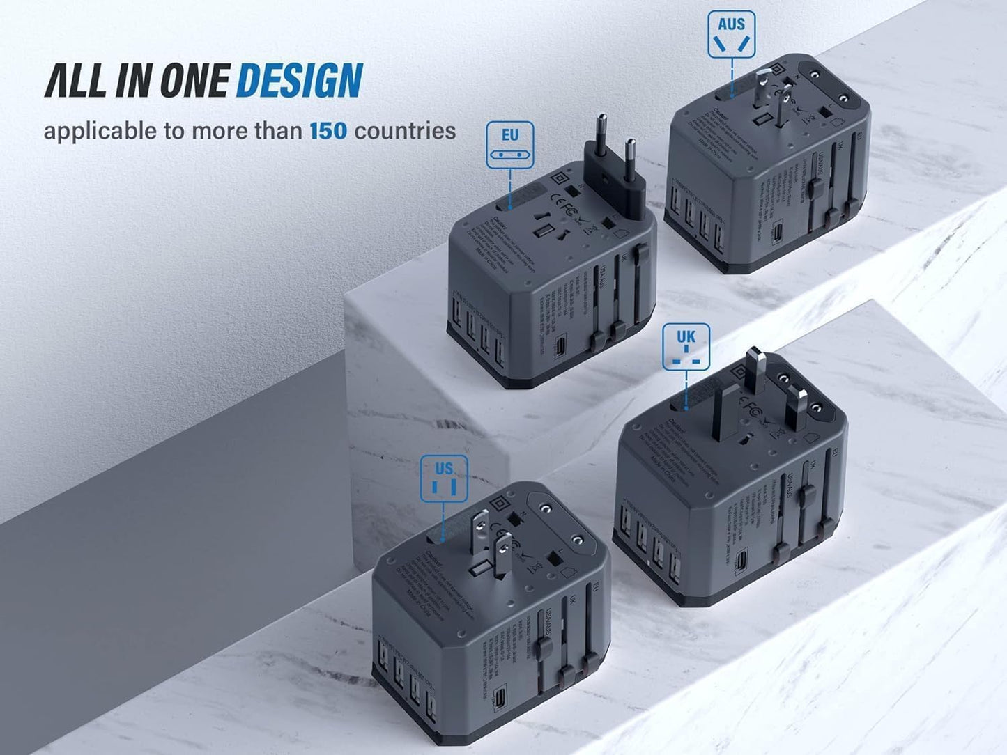EPICKA Universal Travel Adapter, European Travel Plug Adapter - International Power Adapter Worldwide Charger with USB-C & 4 USB-A Ports, Travel Essentials for Italy, UK, Japan (TA-105, Space Grey)