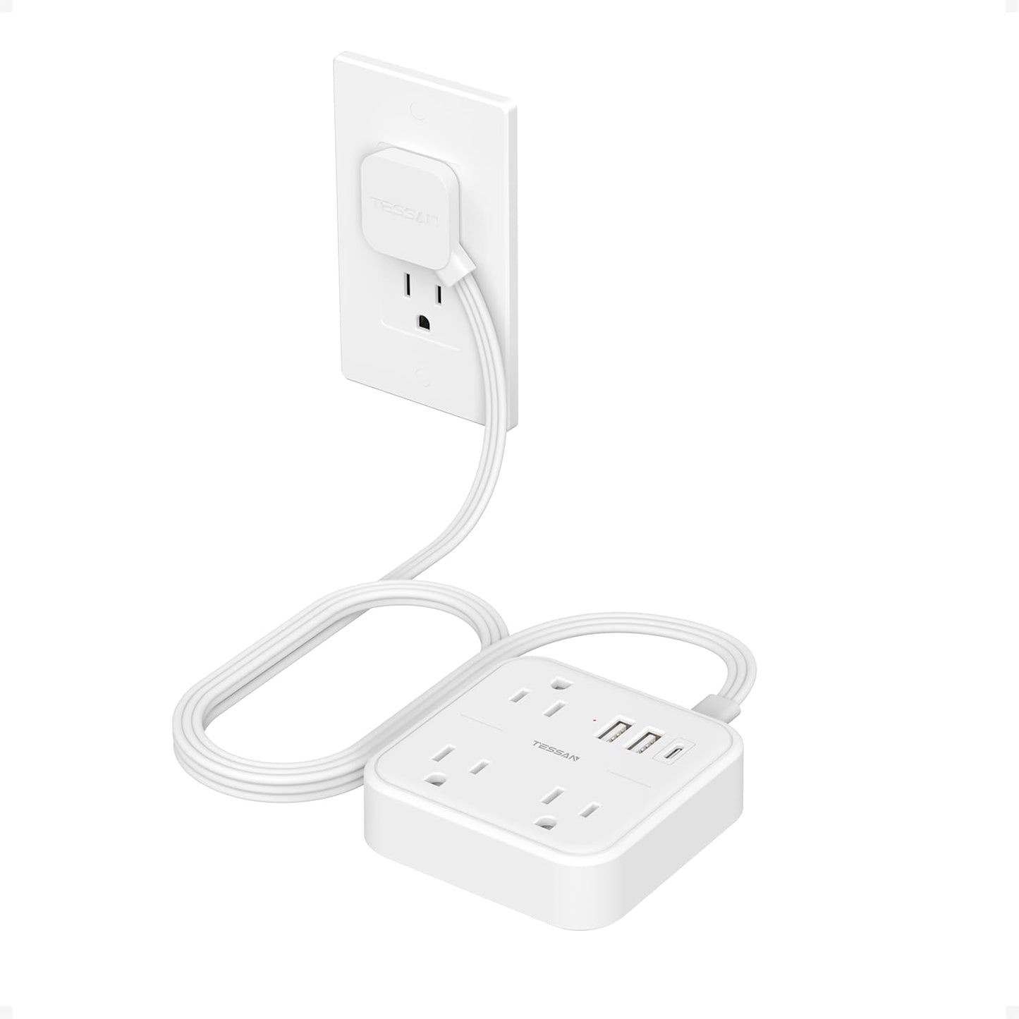 Extension Cord with Multiple Outlets 5 FT, TESSAN Small Flat Plug Power Strip with 3 USB (1 USB C) and 3 AC, Surge Protector Charging Station for Office, School, Dorm Room Essentials, White