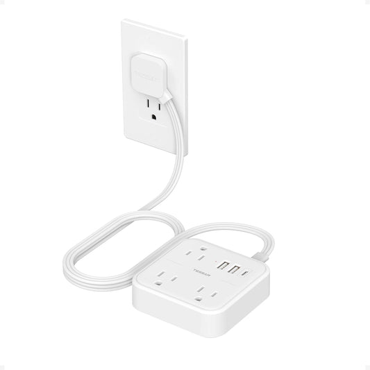 Extension Cord with Multiple Outlets 5 FT, TESSAN Small Flat Plug Power Strip with 3 USB (1 USB C) and 3 AC, Surge Protector Charging Station for Office, School, Dorm Room Essentials, White