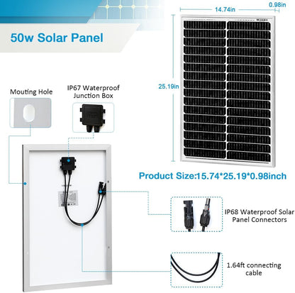 50W 12V Solar Panel, High Efficiency Monocrystalline Solar Maintainer, Waterproof Portable Solar Panel for Charging 12V Battery of RV Boat Trailer ATV Car or Powering Light
