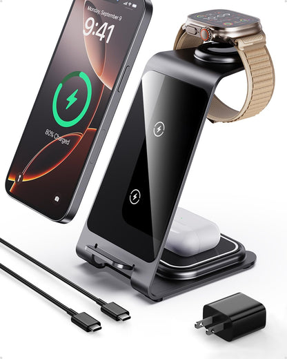 Intoval 3 in 1 Wireless Charging Station for iPhone 16 15 14 13 12 11 X Pro Max, Wireless Charger for Apple Watch 10 Ultra 3 SE 9 8 7 6 5 4 3 2, for AirPods 4 Pro Pro 2 3 (Y93, Grey)