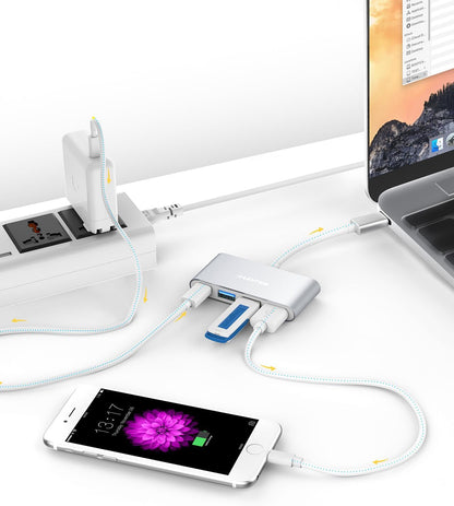 LENTION 4-in-1 USB-C Hub with Type C, USB 3.0, USB 2.0 for 2024-2016 MacBook Pro (M1-M4), iPhone 16-15 New Mac Air/Surface, ChromeBook, More, Multiport Charging & Connecting Adapter (C13, Silver)