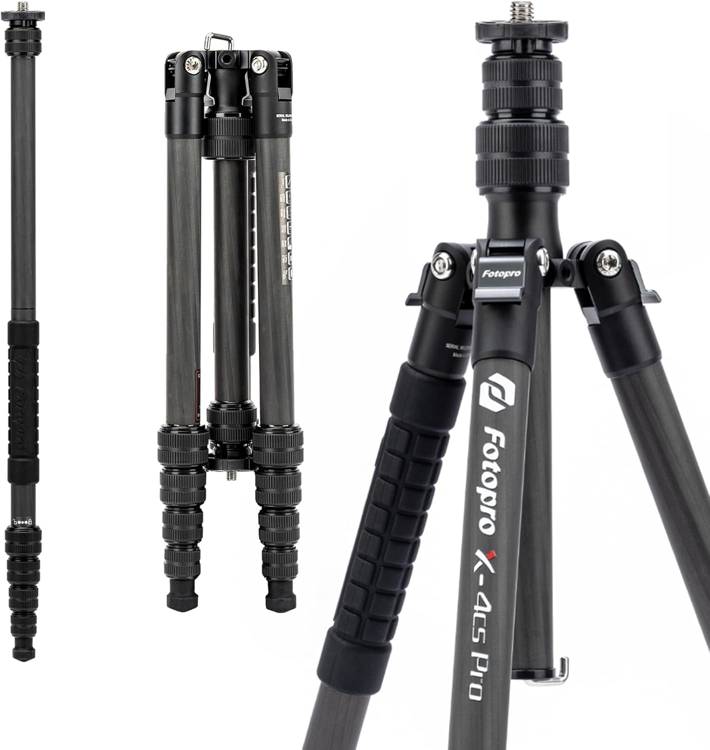 Fotopro 59” Carbon Fiber Travel Tripod, 2 in 1 Lightweight Monopod Tripods, Professional Compact Tripod for DSLR Camera, Load up to 17.6lbs(8kg)