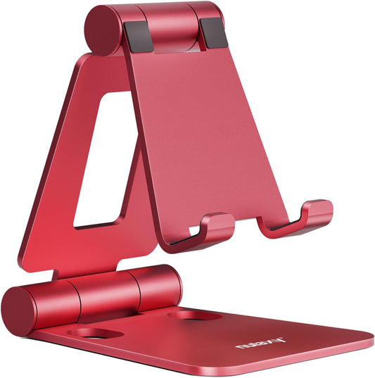 Nulaxy Dual Folding Cell Phone Stand, Fully Adjustable Foldable Desktop Phone Holder Cradle Dock Compatible with iPhone 17 16 15 14 13 12 11 Pro Max Xs Xr X 8, Nintendo Switch, All Phones - Red
