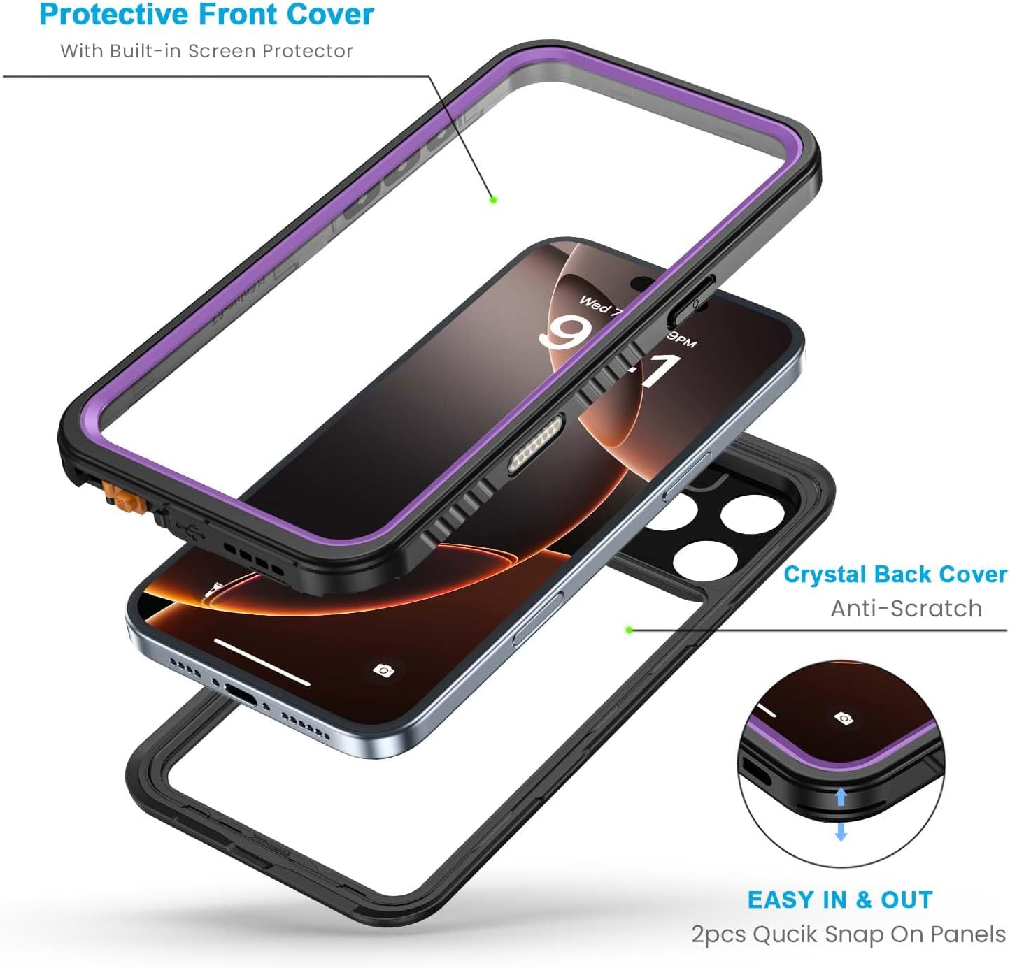 Lanhiem for iPhone 16 Pro Max Case, IP68 Waterproof Dustproof Shockproof Cases with Built-in Screen Protector, Full Body Heavy Duty Rugged Phone Cover for iPhone 16 Pro Max - 6.9 inch (Purple)