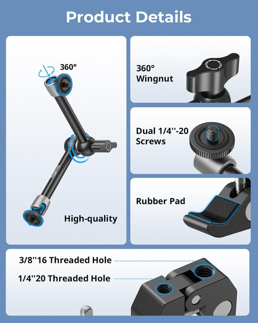 SMALLRIG Clamp w/ 1/4" and 3/8" Thread Holes, 9.8 Inches Adjustable Friction Power Articulating Magic Arm with Phone Holder for Action Cameras, Smartphones, LCD Monitor/LED Lights - 5326