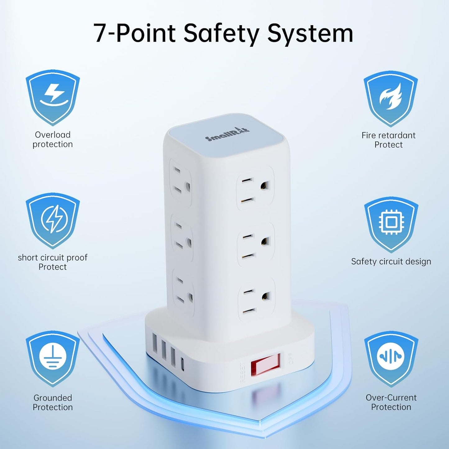 PD20W Power Strip Tower Surge Protector Power Strip with USB 12 Outlets with 4 USB Ports (1 USB C), Flat Plug 10FT Extension Cord Multi Plug Outlet Extender Overload Protection for Home Office