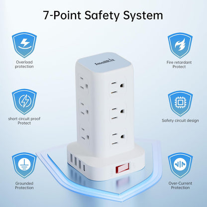 PD20W Power Strip Tower Surge Protector,16.5FT Extension Cord,Power Strip with USB 12 Outlets with 4 USB Ports (1 USB C), Flat Plug Multi Plug Outlet Extender Overload Protection for Home Office