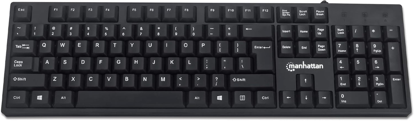 Manhattan Wired Computer Keyboard – Basic Black Keyboard - with 4.5ft USB-A Cable, 104-keys, Foldable Stands - Compatible for Windows, PC, Laptop - 3 Yr Mfg Warranty – 179324