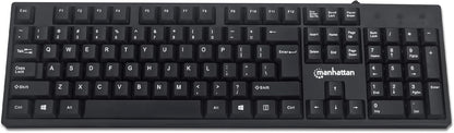 Manhattan Wired Computer Keyboard – Basic Black Keyboard - with 4.5ft USB-A Cable, 104-keys, Foldable Stands - Compatible for Windows, PC, Laptop - 3 Yr Mfg Warranty – 179324