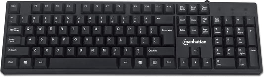 Manhattan Wired Computer Keyboard – Basic Black Keyboard - with 4.5ft USB-A Cable, 104-keys, Foldable Stands - Compatible for Windows, PC, Laptop - 3 Yr Mfg Warranty – 179324