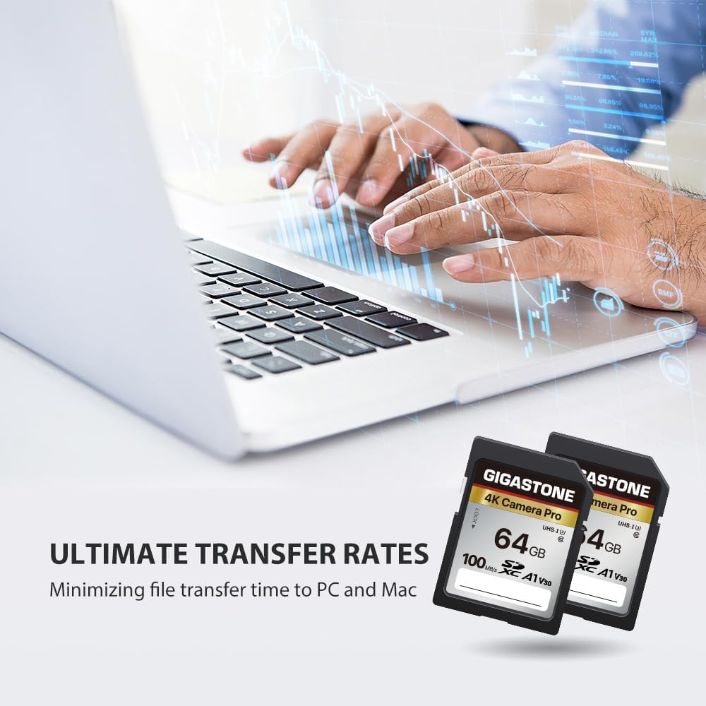 [5-Yrs Free Data Recovery] GIGASTONE 64GB SD Card 2-Pack, 4K Camera Pro, A1 V30 SDXC Memory Card 4K UHD Video Compatible with Canon Digital Camera, with 2 Mini Cases