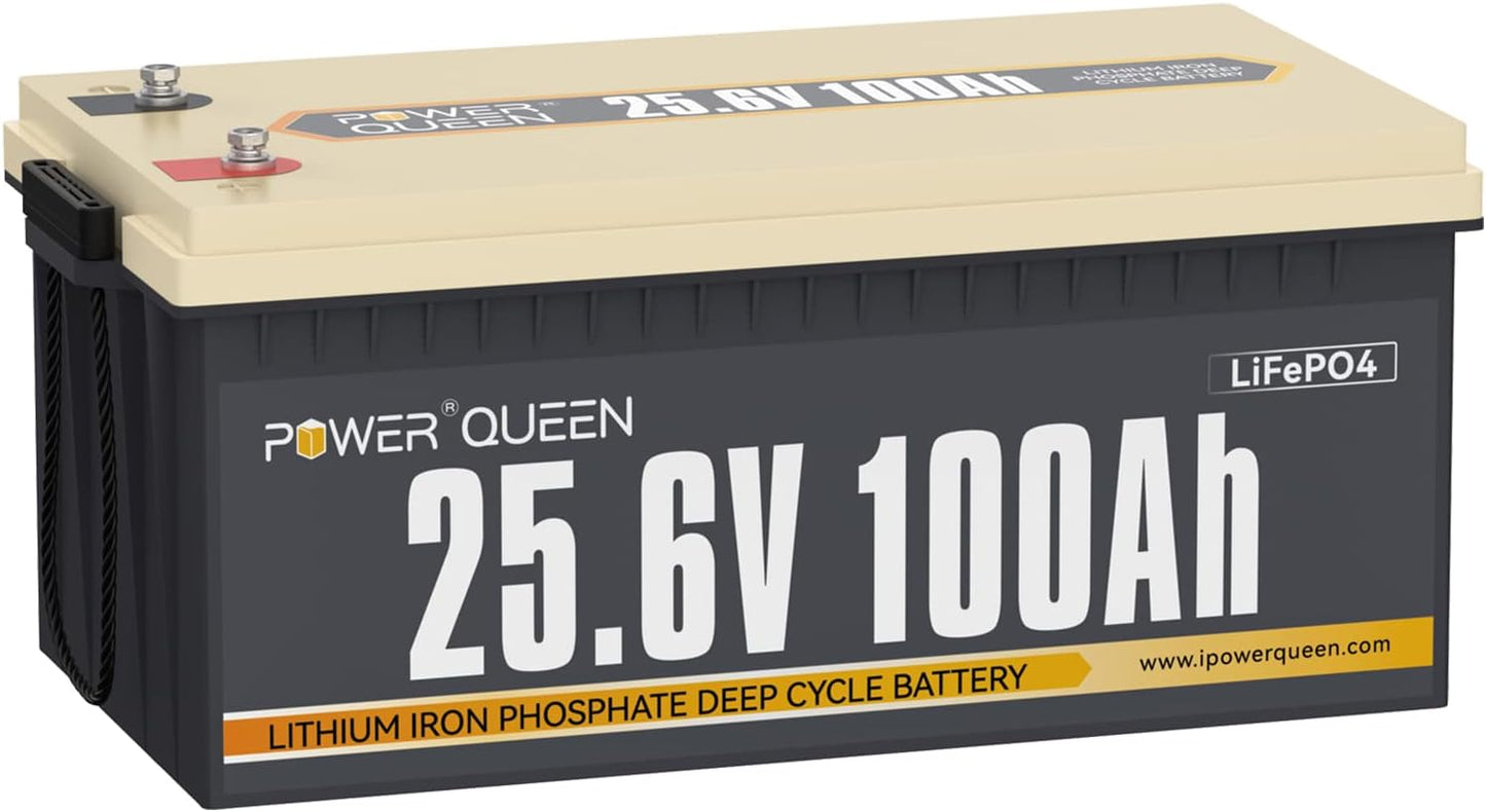 Power Queen 25.6V 100Ah LiFePO4 Battery, Built-in 100A BMS, 4000 to 15000 Cycles, 2.56kW Max Load Power, 2.56kWh Deep Cycle Battery For Home & Off-Grid Solar Power System, RV, Marine