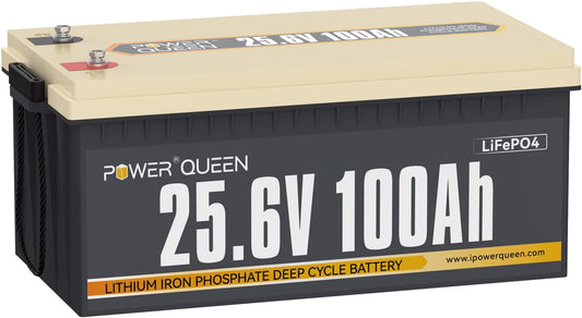 Power Queen 25.6V 100Ah LiFePO4 Battery, Built-in 100A BMS, 4000 to 15000 Cycles, 2.56kW Max Load Power, 2.56kWh Deep Cycle Battery For Home & Off-Grid Solar Power System, RV, Marine