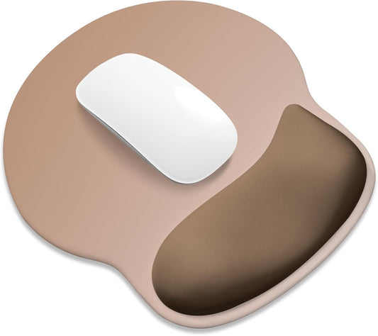 ITNRSIIET Ergonomic Mouse Pad with Wider Memory Foam Wrist Rest +17% - Curved Cushion Reduces Pressure 20%, Pain Relief, Non-Slip, Smooth, Cute Colors, 9.85 x 9 in, Soft Brown Gradient
