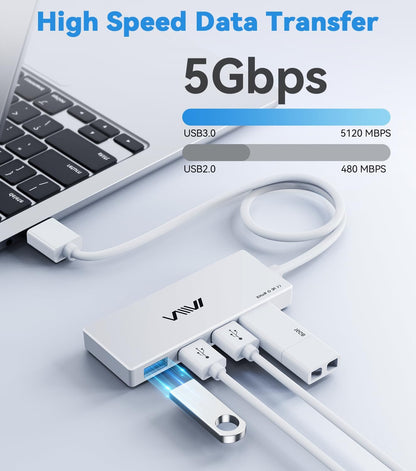 USB 3.0 Hub,4 Port USB Splitter Extender Portable Adapter Multiport Data Hub for Laptop,Xbox, Flash Drive,HDD,Console,Camera,Keyborad,Mouse Windows,Mac OS PC,Not Designed to Charge Devices-White