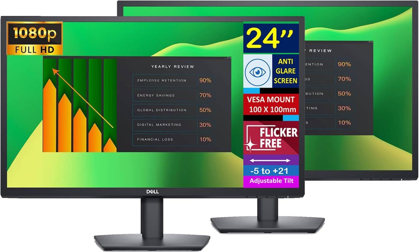 Dell 24" FHD VA (1920x1080) 60Hz Flicker Free Monitor, Anti-Glare Display, 1 x DisplayPort, 1 x VGA, VESA Mount (100x100mm), Home & Business, Black (2025) & ErgoFlexy Dual Monitor Mount(2Pack)