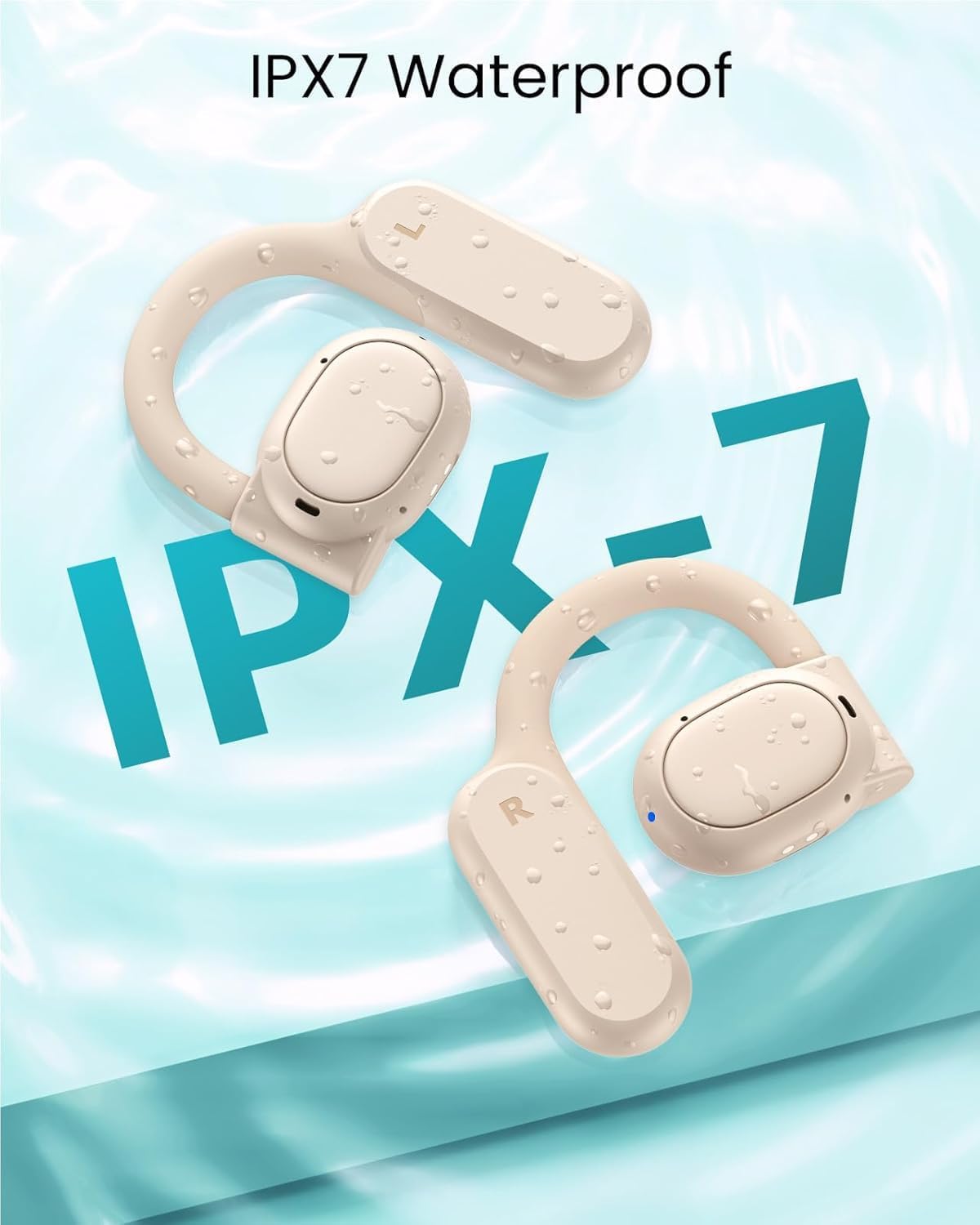 TAGRY Open Ear Earbuds Wireless Bluetooth Headphones 80Hrs Playtime Ear Buds with Earhooks IPX7 Waterproof Touch Control Earphones Sport Headsets for Workout Running Beige