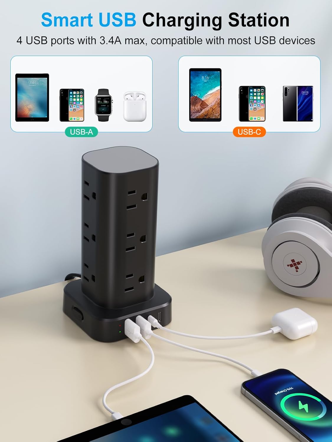 Power Strip with Wireless Charger, Flat Plug Surge Protector with 6FT Extension Cord, 12 AC Multiple Outlets, 4 USB (2 USB C), 15W Wireless Charging Power Tower for Home Office Dorm, Black