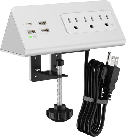 Nightstand Edge Mount Power Strip with USB-C Ports Tabletop Surge Protector Desk Clamp Power Sockets with 3 AC Outlets &4 Fast Charging USB Ports for Home Office Hotel and Dormitory