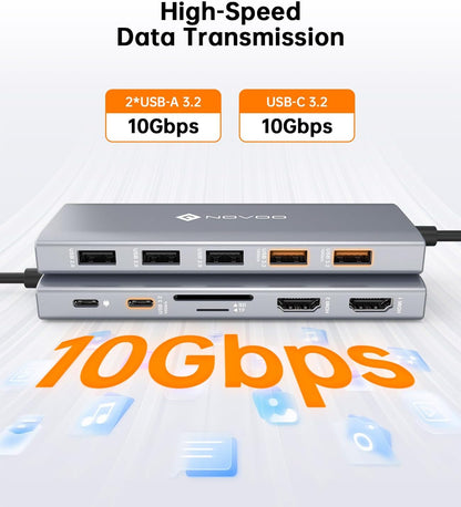 NOVOO USB C Docking Station Dual Monitor, 12-in-1 USB C Hub with HDMI 4K, VGA, USB 10Gbps, SD/TF, 100W PD, Multiport Adapter Compatible with MacBook Dell HP Surface