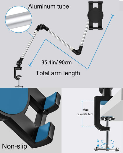 woleyi Adjustable Tablet Mount Holder, 35" Desk/Bed Clamp Phone iPad Stand with Foldable 360° Swivel Arm for iPad Pro 12.9 Air Mini, iPhone, Galaxy Tabs, Nintendo Switch, 4-13" Cell Phones and Tablets