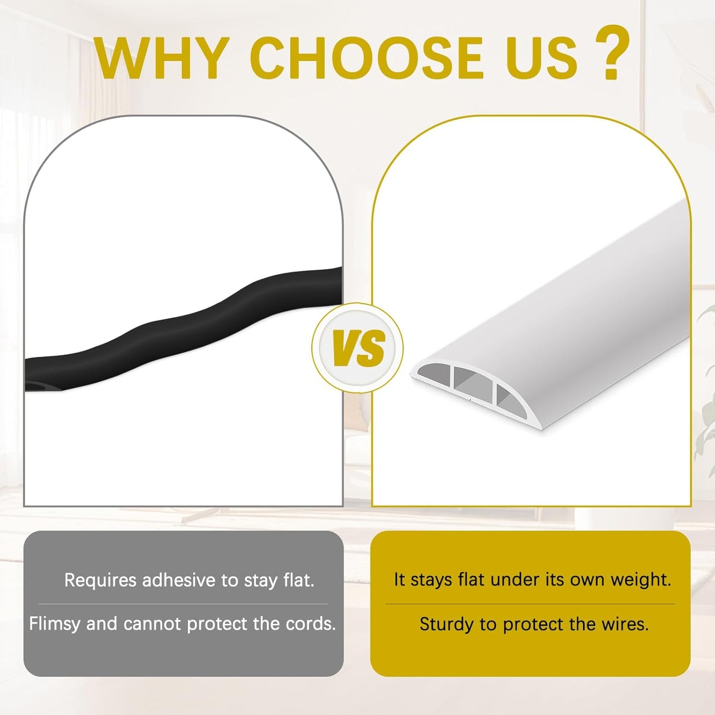 Floor Cord Cover 3.3FT Cord Covers for Wires on Floor Protect Wires & Prevent Trip Hazards, Easy to Cut for Home, Office, School, Concerts, Cavity W0.6in x H0.32in