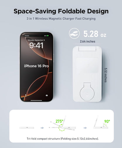 3 in 1 Magnetic Wireless for iPhone Charging Station: Foldable Portable Charger for iPhone 16-12 Pro Max & Apple Watch & AirPods, for Apple Multiple Devices Charger for Home,Office&Travel