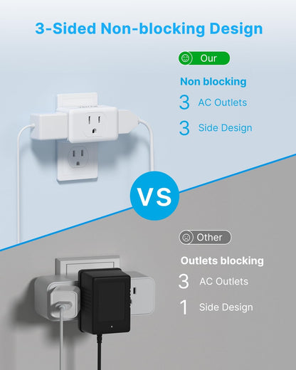 Multi Plug Outlet Extender, VINTAR 3 Outlet Adapter, Multiple Outlet Splitter, Grounded Wall Tap Adapter, Power Plug Expander for Travel Home Office Dorm, 3 Pack
