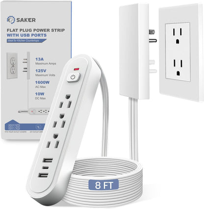 Saker Outlet Concealer Power Strip, 8FT Surge Protector Flat Extension Cord with 3 Outlets and 3 USB Ports, Outlet Cover Baby Proofing for Kitchen, Home and Office (8FT)