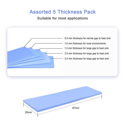 30 Pack Thermal Pads, 20×67 mm by 5 Thickness 0.5 | 1 | 1.5 | 2 | 3 mm, Thermal Conductivity 2.0 W/m.k, Self-Adhesive & Soft, Ideal for Repairing and Cooling Electronics