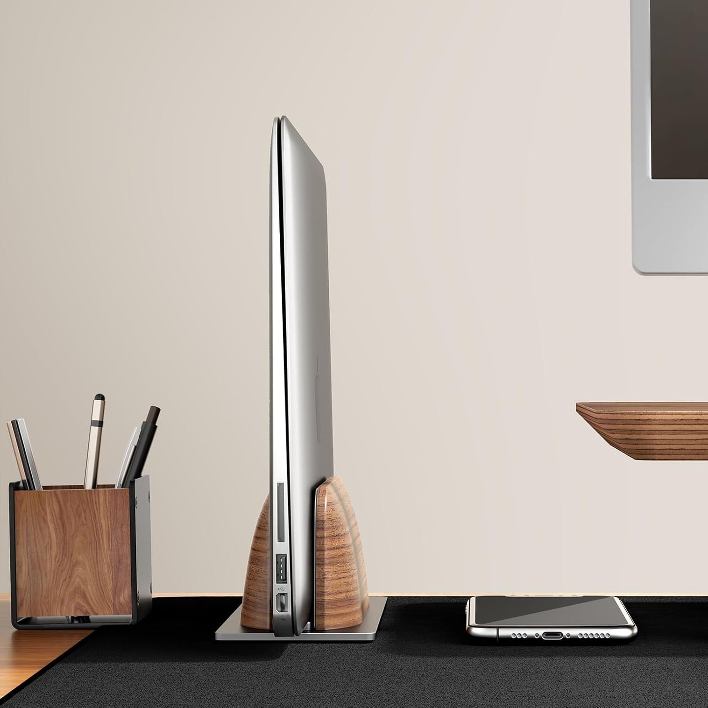 UPERGO Vertical Laptop Stand for Desk, Laptop Holder to Dock MacBook, MacBook Pro and Other Laptops, Black Walnut Wood